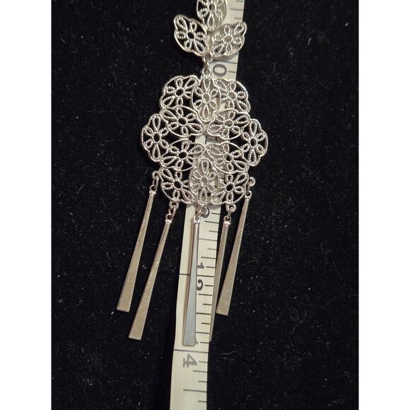 Vintage Silver Toned Flowers Pendant Chain Necklace With Five Dangle Bars Tassel - Picture 9 of 9